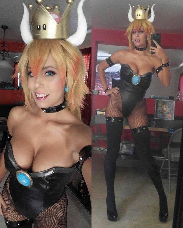 ニーハイを履いた美脚コスプレイヤーがちょっぴりエロいクッパ姫のコスプレ