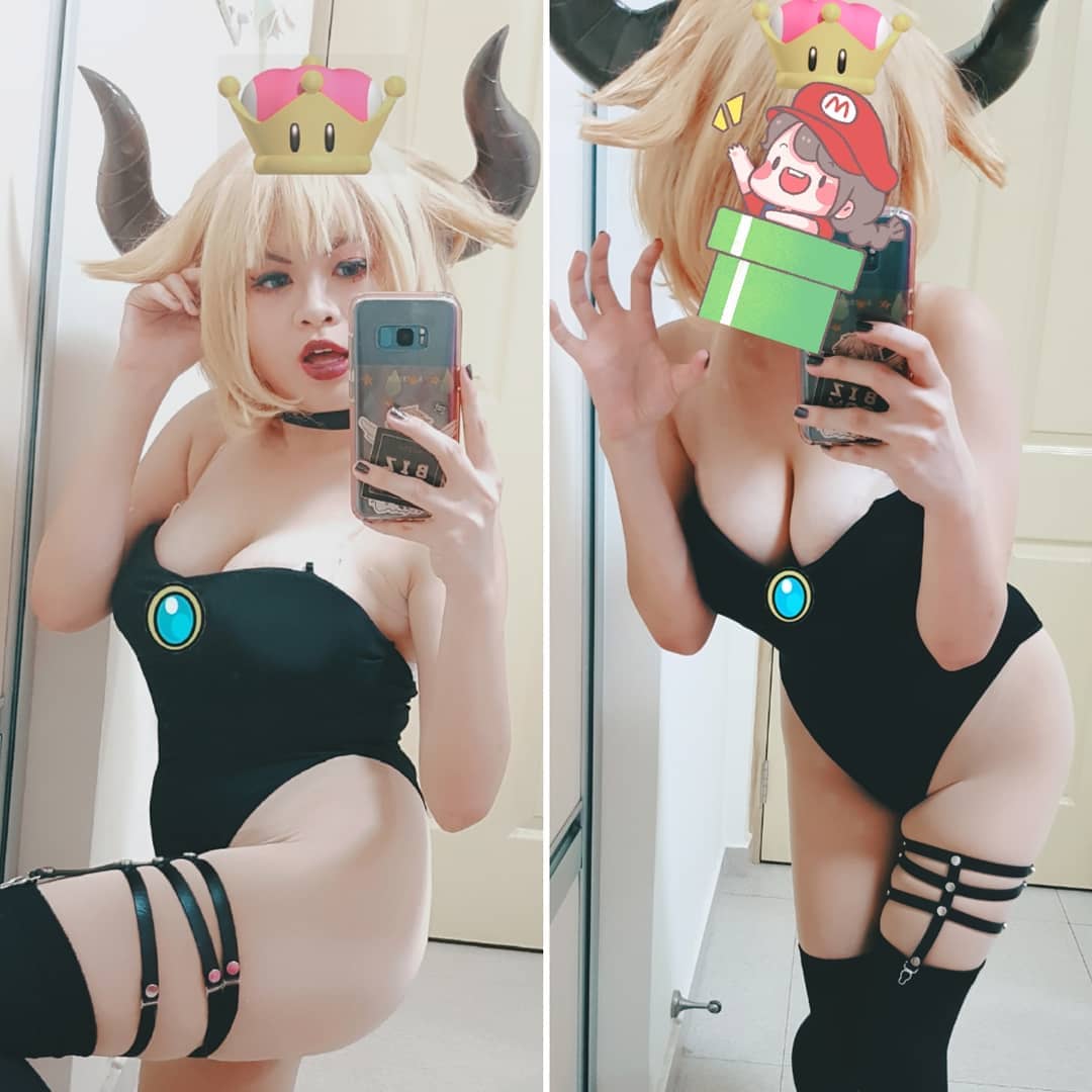 巨乳がこぼれそうなクッパ姫のコスプレをしたレイヤーによる自撮り
