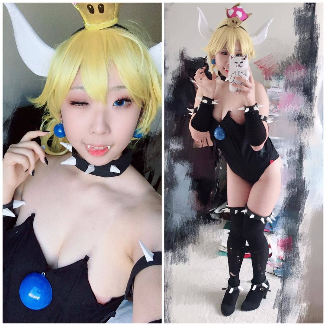 童顔が可愛らしいアジア人コスプレイヤーがクッパ姫の過激コスプレ
