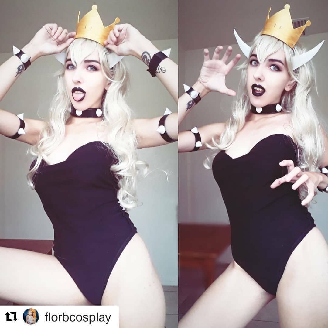 白人美人なコスプレイヤーがレオタードを改造したクッパ姫のコスプレ